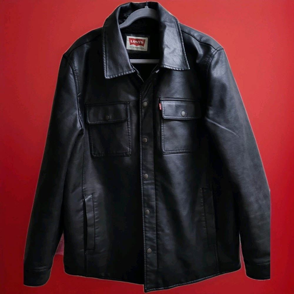 Levis Jacket Men Large Black Faux Vegan Leather Trucker Sherpa Lined Red Tab